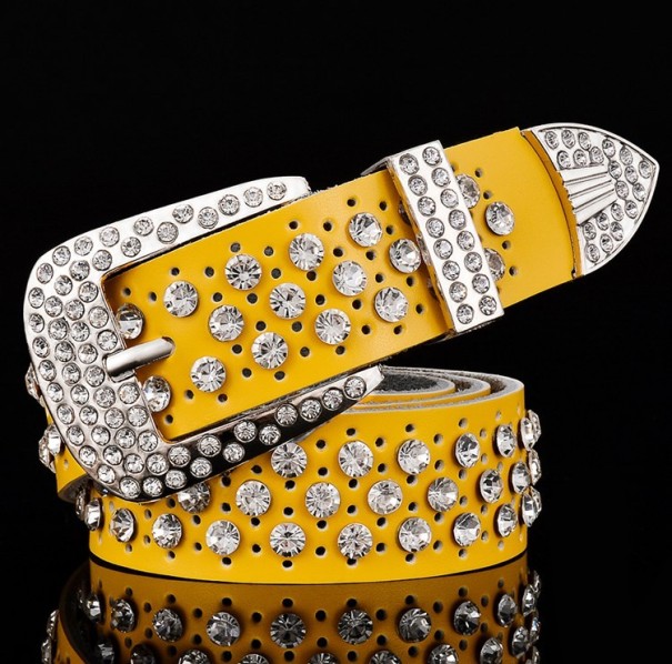 Moderne leren riem met luxe stenen J3049 geel 100 cm