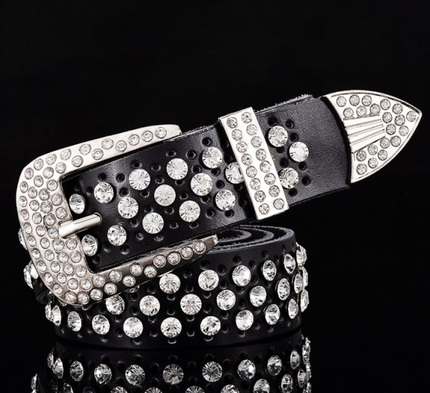 Moderne leren riem met luxe stenen J3049 zwart 95 cm