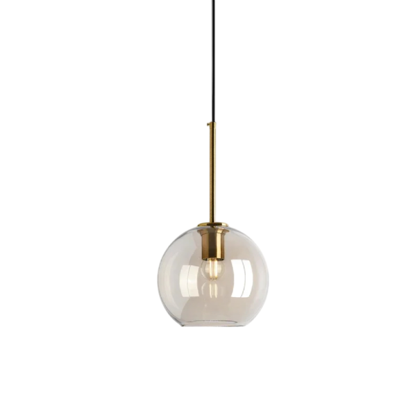 Modernes Pendelleuchten mit gläsernem runden Schirm Durchmesser 20 cm Höhe 19 cm Kabel 150 cm Metallfassung E27 über dem Esstisch