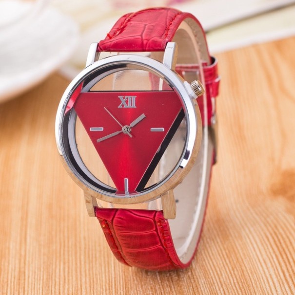 Moderní dámské hodinky s trojúhelníkovým ciferníkem J921 červená