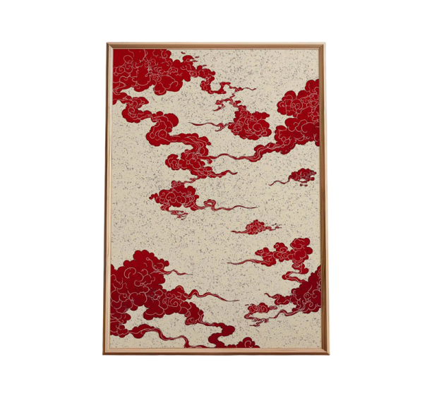 Moderní plakát na zeď červený kouř japonský styl 40 × 60 cm tisk na plátno béžové pozadí s červeným vzorem dekorace bez rámu 1