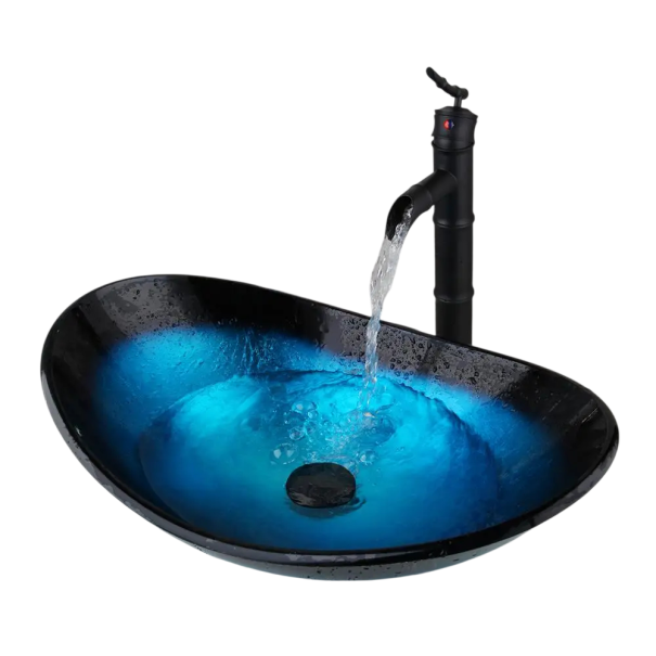 Moderní skleněné umyvadlo s černou baterií oválné 560 x 355 mm z tvrzeného skla modro-černé s černým odtokem do koupelny i na toaletu 1