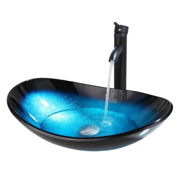 Moderní skleněné umyvadlo s černou baterií oválné 560 x 355 mm z tvrzeného skla modro-černé se stříbrným odtokem do koupelny i na toaletu 1