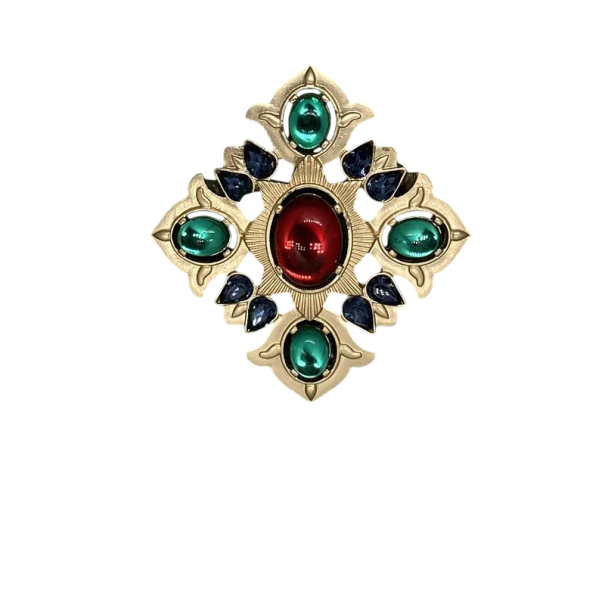 Modieuze barokke broche van zinklegering Gouden uitvoering Rode en groene steentjes Luxe sieraad in interessante vorm 1