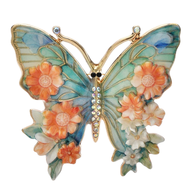 Modische Brosche 5,3 x 5,5 cm Schmetterling Emaille Metall mit Strasssteinen Zinklegierung Elegantes Accessoire für Blazer, Kleider und Mäntel orange