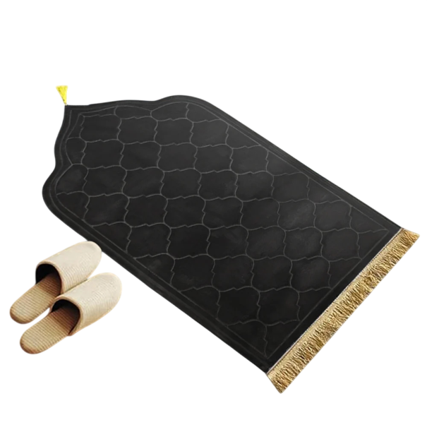 Modlitební kobereček 116 x 66 cm s tenkou paměťovou pěnou a protiskluzovou spodní stranou, ornamentální vzor s třásněmi pro modlitbu černá
