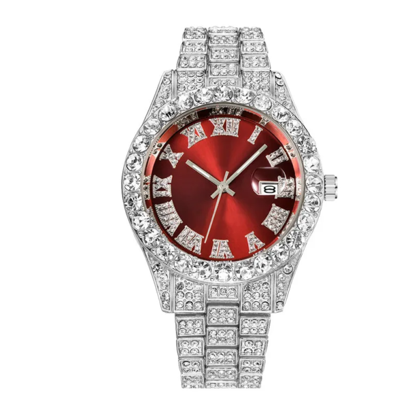 Modny zegarek kwarcowy z diamentami 42 mm pasek ze stali nierdzewnej kalendarz data nowoczesny design stop wytrzymały zegarek na rękę do codziennego noszenia srebrno-czerwony