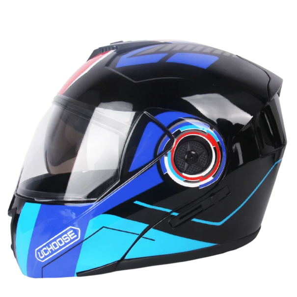 Modrá výklopná motocyklová helma s dvojitým hledím Čiré vnější plexi Odolný ABS materiál Ochranná přilba na motorku s ventilací XL (61-62 cm)