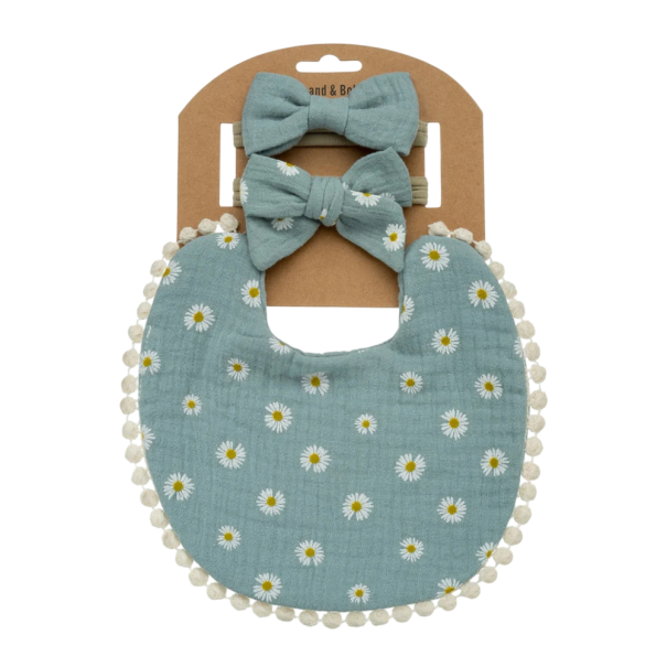 Modrý bryndák se sedmikráskami a gumičky do vlasů s mašlí pro batolata Set 3 ks Rozměr bryndáku 17,5 x 17 cm Pomponový lem po obvodu 1