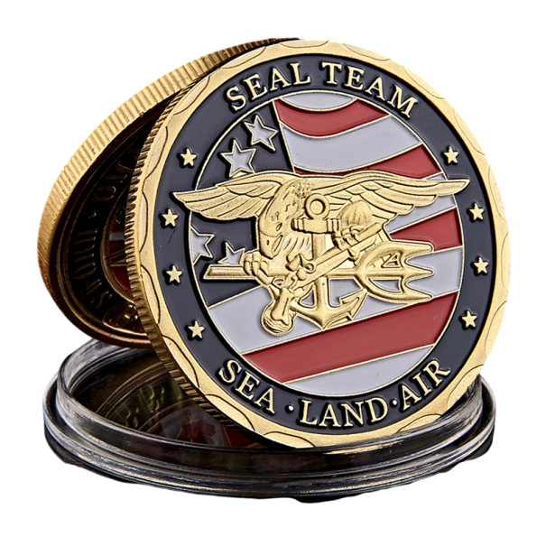 Moeda Comemorativa Equipa SEAL Marinha dos EUA Mar Terra Ar Dupla Face 4 cm 3 mm 28 g Metal Dourado com Relevo de Águia e Cápsula de Proteção 1