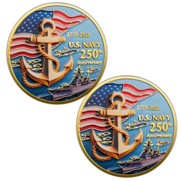 Moeda Comemorativa US Marine Corps e US Navy 250. Aniversário da Marinha e do Corpo de Fuzileiros Navais dos EUA Dupla Face 4 cm Metal Dourado com Âncoras e Bandeira 1