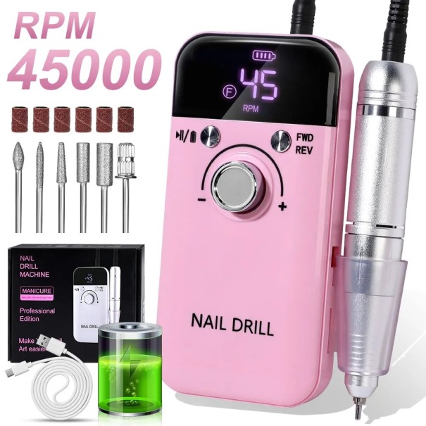 Moinho elétrico portátil profissional 45000RPM 15 x 14 x 7,1 cm Ultra silencioso sem vibrações carregamento USB-C ecrã LCD rosa