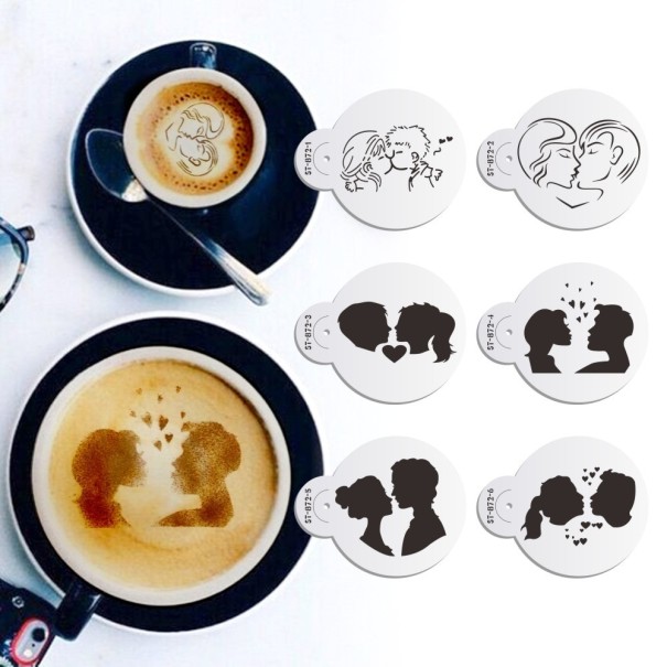 Moldes para decorar café para apaixonados 6 pcs Motivos românticos de casais e corações Moldes de plástico redondos Para polvilhar com cacau ou açúcar 1
