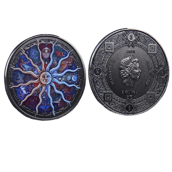 Moneda conmemorativa con la reina británica Isabel II. Moneda de metal bañada en plata de 4 cm con signos del zodíaco y árbol de la vida Moneda británica coleccionable del año 2020 2
