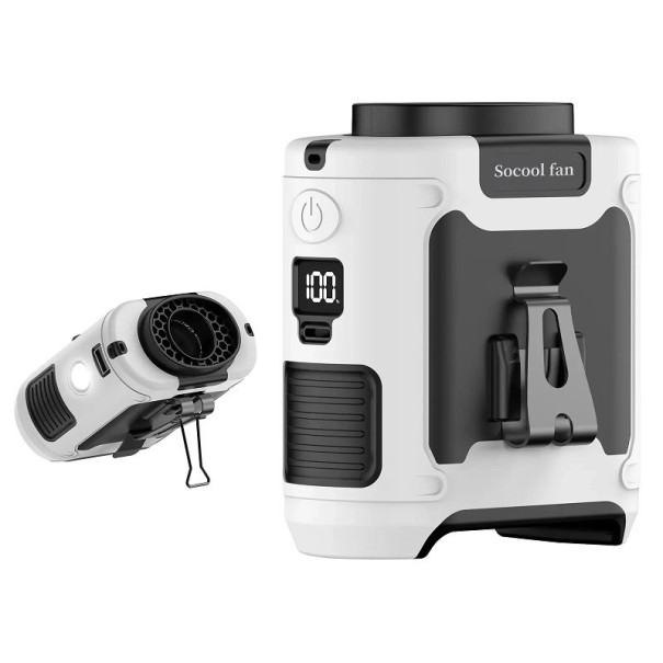 Monitoimilaite USB-C-vyöklipsulla Varavirtalähde, jossa sisäänrakennettu taskulamppu ja tuuletin 10000 mAh Vedenpitävä kannettava tuuletin jalustalla valkoinen