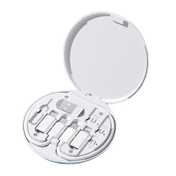 Monitoiminen USB-kaapelisetti sovittimilla 60 W PD pikalataus 3A Lightning Micro USB TYPE-C säilytyslaatikko laturi matkalaatikko valkoinen