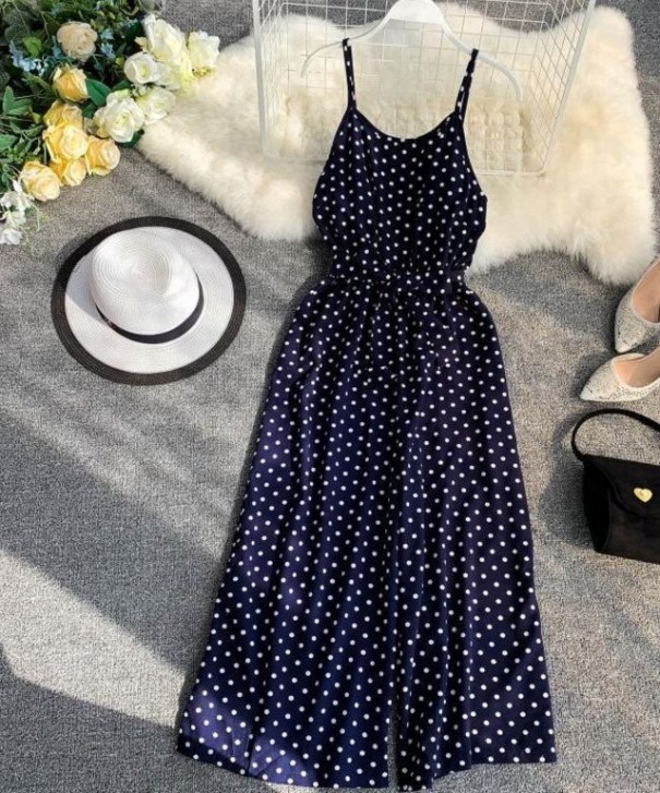 Mono de lunares para mujer con lazo en la cintura azul oscuro