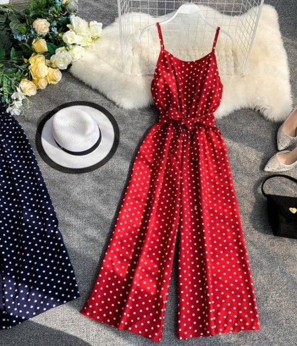 Mono de lunares para mujer con lazo en la cintura rojo