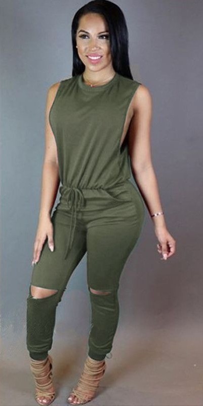 Mono de mujer con rodillas agujereadas verde militar L