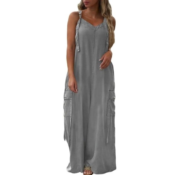 Mono de mujer de corte holgado Top de color sólido con escote en O Pantalones largos con bolsillos Mono ligero de poliéster gris claro XS