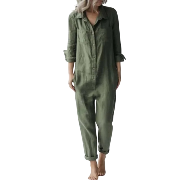 Mono de mujer de un solo color con botones, cuello, escote en V, pantalones largos, corte elegante, material poliéster algodón verde L