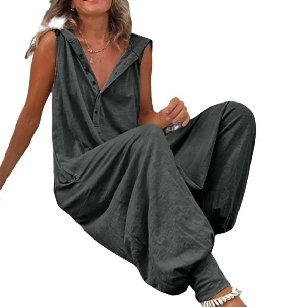 Mono de mujer Modelo de un solo color Pantalones anchos Tirantes anchos Cierre de botones Escote en V 95% poliéster 5% spandex gris oscuro XL