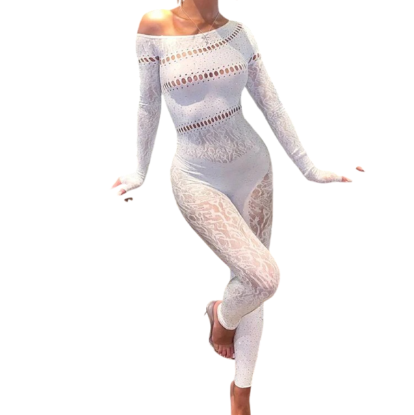 Mono de mujer talla universal Modelo semitransparente con piedras Escote en O Manga larga y pantalones largos Poliéster Spandex blanco