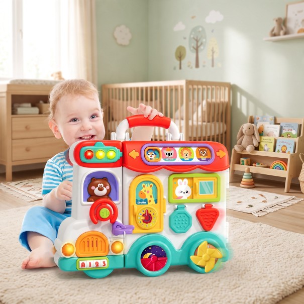 Montessori Busy Board Bus 27 x 20 cm Folding Suitcase with Lights, Sounds and Music Sensory Toy with Phone and Clock for Children 1