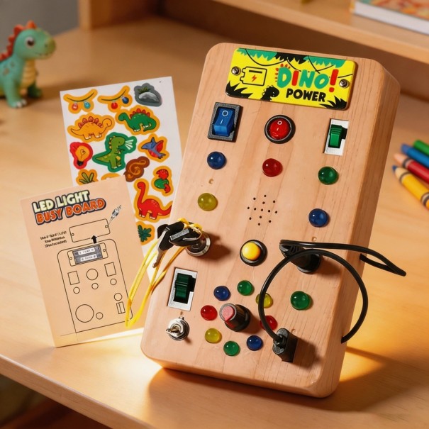 Montessori busy board LED-valoilla Dino 18,5 x 10,5 cm Puinen sensorinen levy avaimen kytkimillä ja lampulla Opetuspeli lapsille 1