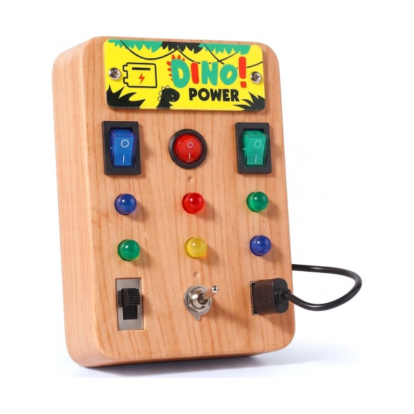 Montessori busy board z LED światłami Dino 13 x 9 x 2,8 cm Drewniana sensoryczna deska z przełącznikami i wtyczką Edukacyjna zabawka dla dzieci 1