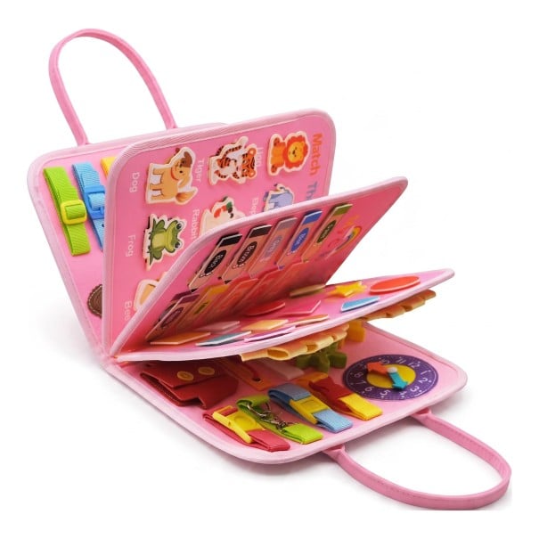 Montessori Busy Book 28 x 22 cm Plüschaktive Buch mit herausnehmbaren Karten und Uhren Reise Spielzeug für Kinder rosa