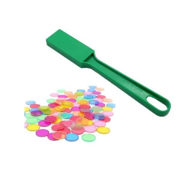 Montessori magnetická hůlka 20x2,95x7x1,26 cm a 100 ks žetonů 1,9 cm Vzdělávací hra Počítání Barvy Bingo Průhledné plastové žetony zelená