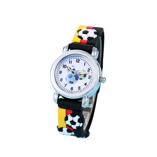 Montre analogique pour enfants avec motif ballon de football Bracelet en silicone Cadran coloré Mouvement à quartz Montre pour garçons et filles noir