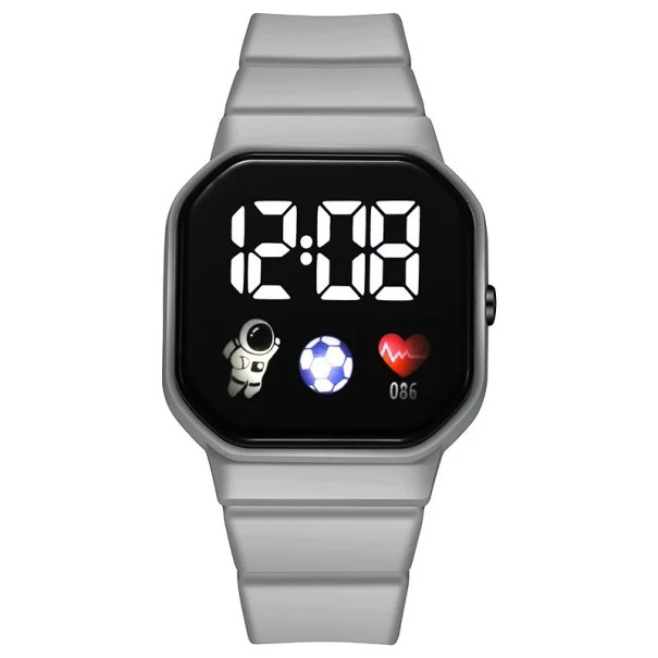 Montre numérique pour enfants avec affichage LED, montre en silicone étanche colorée avec grand affichage de l'heure, montre électronique pour enfants gris