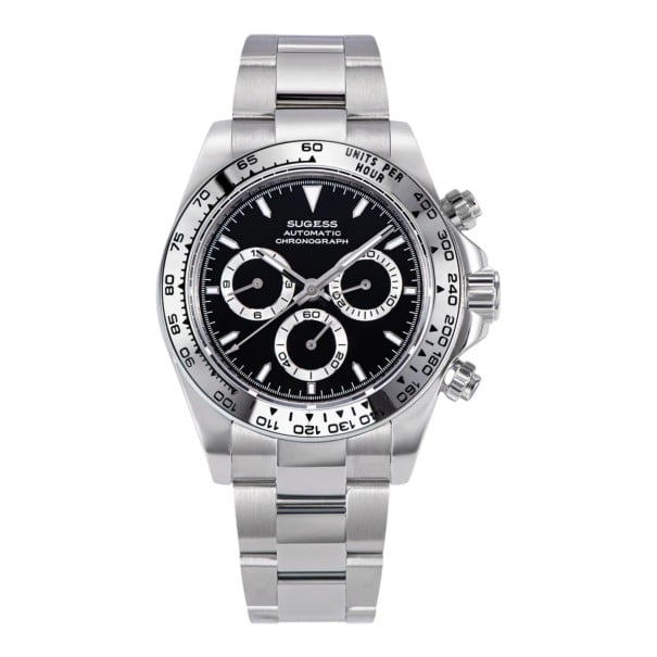 Montres automatiques pour hommes de luxe Chronographe avec tachymètre Verre saphir Étanche 50 m Boîtier 39 mm Acier inoxydable 316L noir-argent