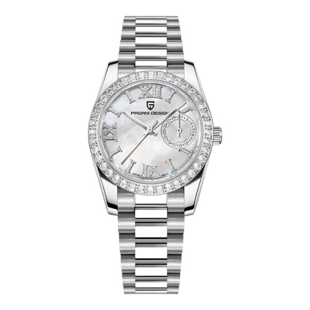 Montres de luxe pour femmes avec pierres Stries romaines et date à aiguilles Boîtier de 32 mm Verre saphir Acier inoxydable Étanche Pour tous blanc