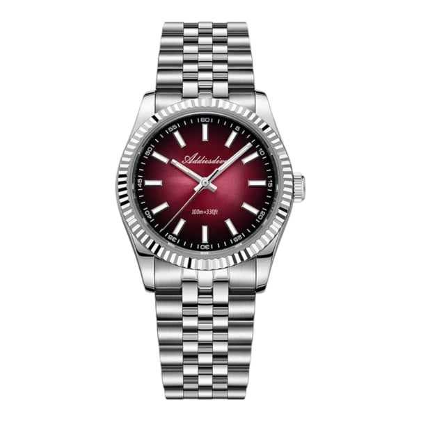 Montres pour hommes avec lunette striée Verre saphir Étanche jusqu'à 100 m Boîtier de 36 mm Acier inoxydable 316L Bracelet en acier Pour tous rouge