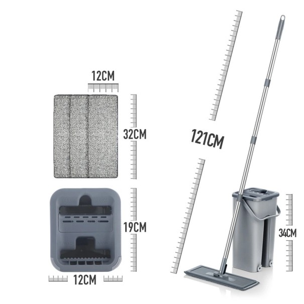 Mopp med hink 2-i-1 Självvridande system 121 cm handtag Hink 34 x 19 x 12 cm Set med 4 skydd Tvättbara munstycken Städning i hemmet grå
