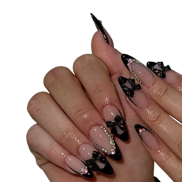 Mørk elegance med sten 24 stk. Mandelformede selvklæbende akrylnegle Fuld dækning Fransk stil med sløjfer DIY manicure 1