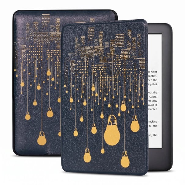 Mörkblå flipfodral 6 tum för Kindle 10:e generationen 2019 med hängande gyllene lampor och en nattstad med rem och folie 1