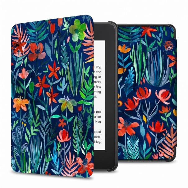 Mørkeblåt flipcover 6 tommer til Kindle 10. generation 2019 med akvarelblomster og blade samt håndrem og folie 1