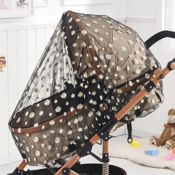 Moskitonetz für Kinderwagen mit Gänseblümchen Feines Insektennetz Flexible Befestigung Schutz für Babys schwarz