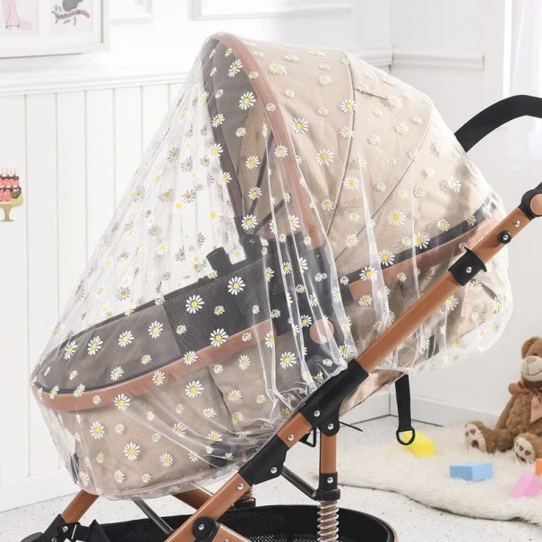 Moskitonetz für Kinderwagen mit Gänseblümchen Feines Insektennetz Flexible Befestigung Schutz für Babys weiß
