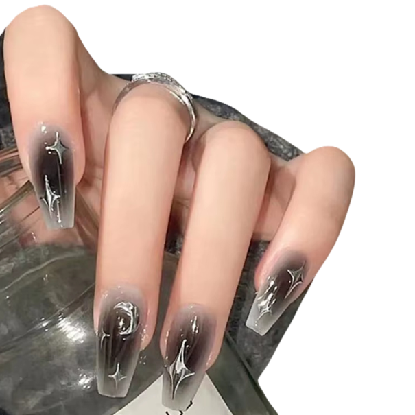 Motif nocturne 24 pièces d'ongles en acrylique avec symboles d'étoiles et de croissants de lune forme Coffin longueur intermédiaire astuces 1