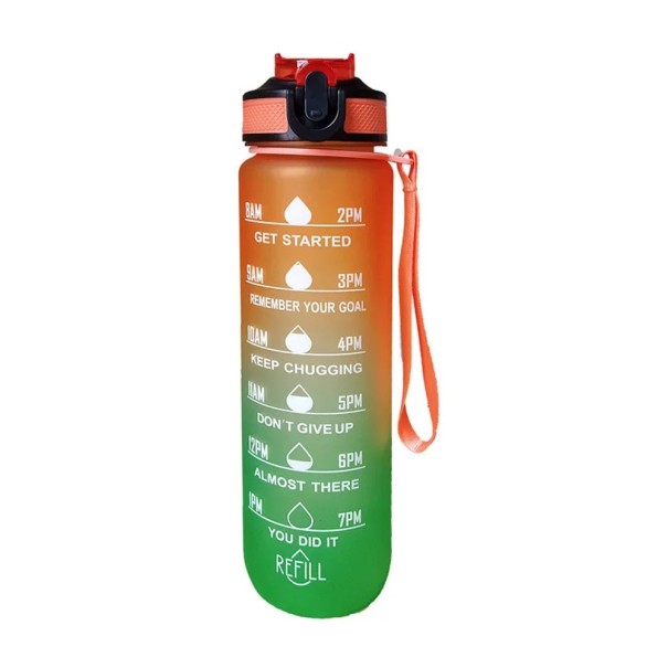 Motiverende waterfles 1L Sport hydratatiefles met tijdmarkeringen Transparante fitness drinkfles met lekvrije deksel oranje
