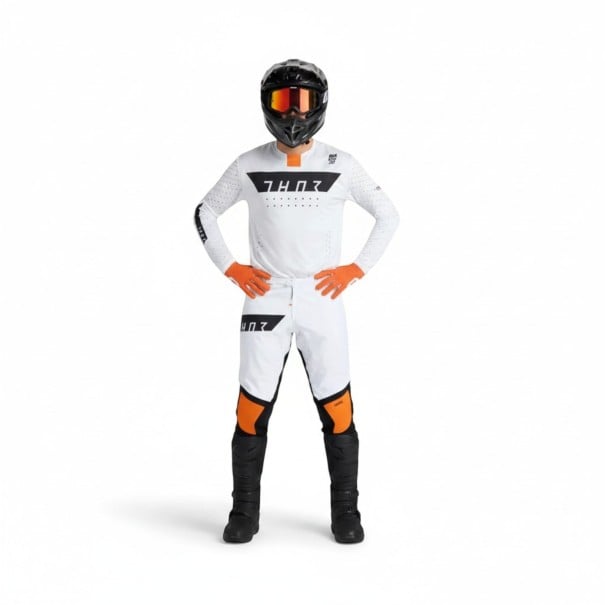 Motocross sæt trøje og bukser Perforeret trøje med lange ærmer og bukser med spænde Polyester og nylon Hvid med sorte og orange dele S