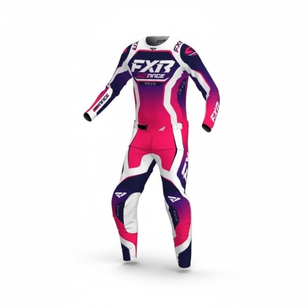Motocross-Set Trikot und Hose Trikot mit langen Ärmeln und Hose mit Schnalle Polyester und Nylon Rosa mit weißen und blauen Elementen Für Motocross S