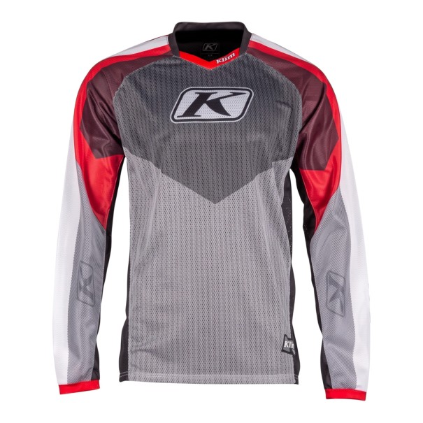 Motocross-Trikot mit langen Ärmeln aus Netzgewebe mit dunklem Brustteil in Spitze und bunten Streifen an den Schultern für Motorrad rot S