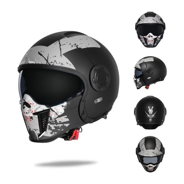 Motocyklová helma Výrazný grafický potisk a odnímatelná obličejová maska Velikost XXL 63-64 cm Skořepina ABS a EPS výplň Ochrana obličeje šedá