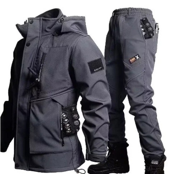 Motocyklová pláštěnka unisex bunda a kalhoty s kapucí kapsy ochrana proti dešti polyester bavlna pro jízdu na motorce šedá XL